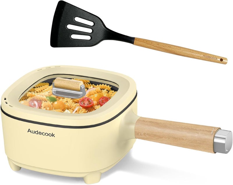 Audecook Hot Pot Electric 2L, Cermic Glaze Non-Stick Frying Pan 8 Inch, Portable Travel Cooker for Ramen/Steak/Fried Rice/Oatmeal/Soup, with Dual Power Control (Silicone Spatula Included) - Image 1